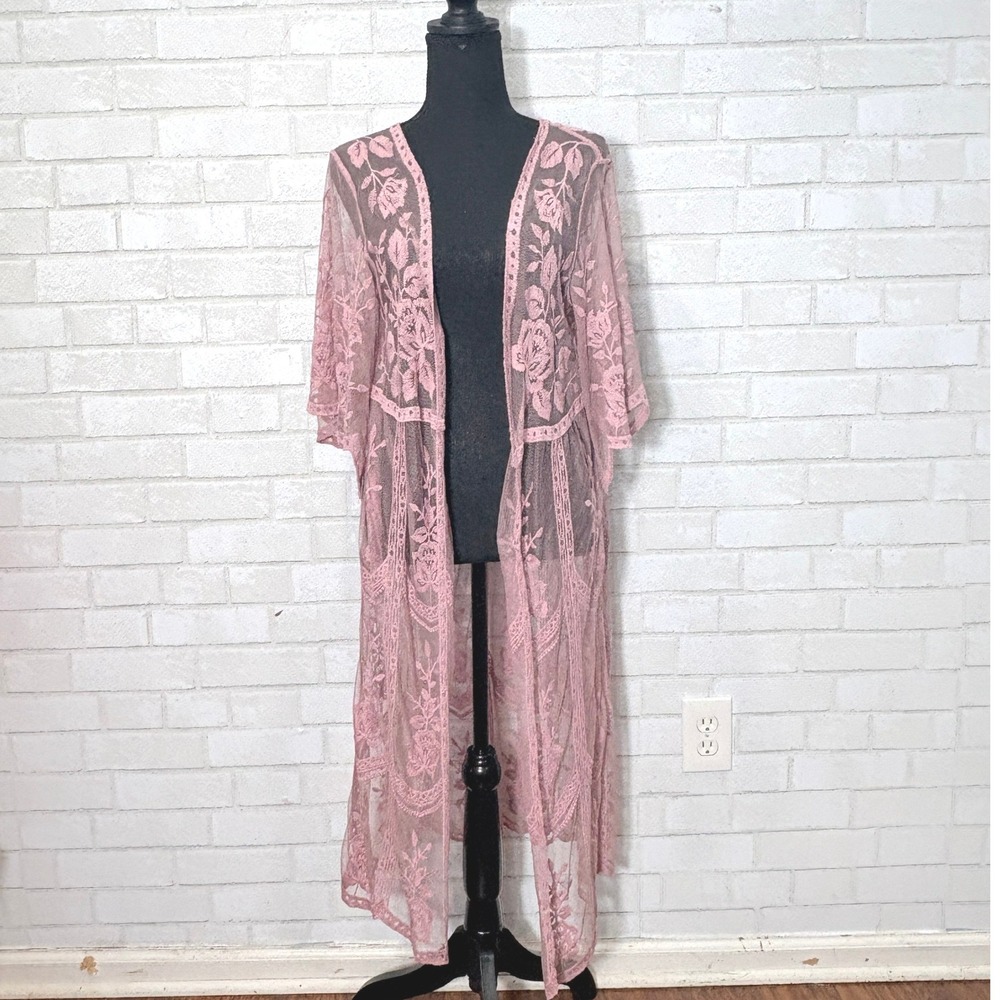 Open Sheer Lace Kimono Duster Size L Boho Whimsigoth Fairy Romantic Layering - Picture 2 of 11